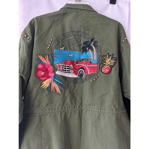 Zara Woman Green Embroidered Utility Jacket Tropical Patch Studded Oversized M - Picture 14 of 16